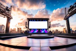 a big open empty disko stage in modern city in a very big square in midnight , at distance,cloudy sky .