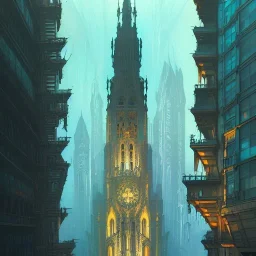 A neogothic mixed with glass Skyscraper+detailed facades+highly detailed++ Book illustration by Gediminas Pranckevičius, Jean Baptiste Monge, Brian Kesinger, Anton fadeev, Kilian Eng, strong lines, high contrast vibrant colors, 16k resolution, trending on behance""