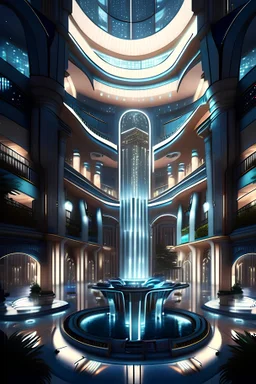10k hyper realistic detailed luxury futuristic shopping mall indoors, populated, fountains, lights, night