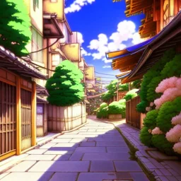 a beautiful digital anime style painting of osaka alleyway, relaxing summer day, masterpiece, sharp focus, intricate details, visually stunning, wide angel camera, octane render, volumetric lighting, vdb clouds, realistic shadows, uhd, 8k, art by hayao miyazaki