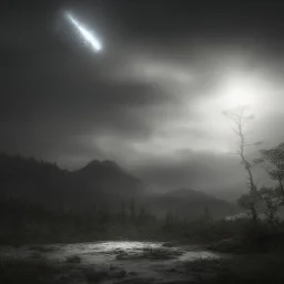 Distant epic scenary. Heavy rain. Epic Lighting in the night sky. Knight with magic scroll in hand. Falling meteorite in the sky. Fireball. Meteorite burning in the distance. Dark, black mud.