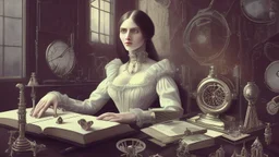 Victorian gothic woman, with long dark hair, leaning over a desk, working on a tiny clockwork machine, gloved hands, while looking through a magnifying glass, in a dark laboratory, full of devices, machines, and books