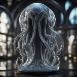 giger escher ogre illithid sculpture in transparent murano glass,bokeh like f/0.8, tilt-shift lens 8k, high detail, smooth render, down-light, unreal engine,bokeh like f/0.8, tilt-shift lens 8k, high detail, smooth render, down-light, unreal engine