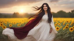 Hyper Realistic Close-up-view of a Beautiful-Young-Happy-Pashto-Woman-with-beautiful-eyes-Smiling with beautiful-long-black-hair-&-white-dress-with-maroon-shawl & breeze-whirling in a sunflower-field with a tree behind & cloudy-sunset showing dramatic & cinematic ambiance