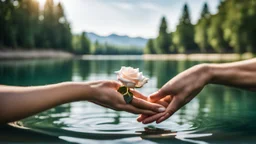 a Young villager european woman holds a man hand with five fingers , a nice white a rose swims on the water, in the blur background a lake, some green trees, ultra detailed, sharp focus, perfect anatomy, perfect hands with fingers, perfect photo, high quality