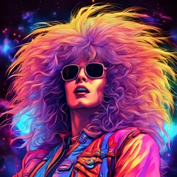"lora:NC Hyperreal:1.0> heavy metal rock Band with big hair wearing bright colored clothes, glowing, and music is radiating from it. Lighting flashes in the background. Heavy metal music "8k resolution holographic astral cosmic illustration mixed media by Pablo Aramingo"