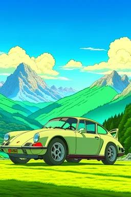 a porche car, mountains in the background, Ghibli style anime