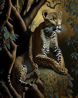 Leopardo coherente pintura del renacimiento obra de arte cuerpo completo árboles detallado impactante sombra nítida hiperrealista