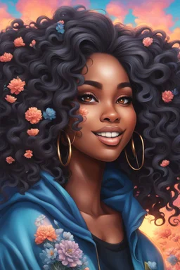 vibrant psychedelic urban culture image, airbrush, 48k, cartoon art image of a black curvy female looking to the side smiling with a large mane of curly ombre hair flowing through the wind while she has a black hoodie on, prominent makeup with hazel eyes, highly detailed hair, background peach and light blue flowers surrounding her, dystopian