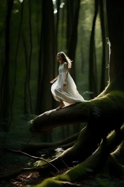 figure of a girl, dressed in a gauze nightgown, levitating on a trunk, in a very lush forest, cinematographic image