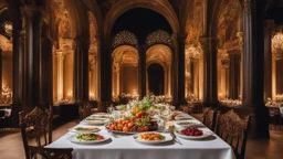 1498, delightful, sensitive, delicious food, banquet, confident, delicate, night, darkness, architecture, filled with delicious food, award-winning photograph, beautiful composition, delicate colour, chiascuro