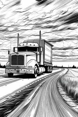 Outline art, no shading, truck on the road, black and white, no shading, ow detail, --ar 9:11