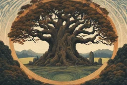 museum quality color woodcut of Yggdrasil, the world tree towering over a circle of ancient Druidic standing stones, in the style of Gustave Baumann, with a fine art aesthetic, highly detailed, finely cut ,8k render