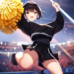 Clear focus,High resolution, Cheerleader, Jumping, black short skirt, black shirt