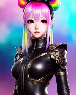 Detailed cute anime Kunoichi girl, rainbow hair buns, rainbow bangs, black latex bodysuit, intricate details, full body portrait, keep head in frame, slight smile, black Japanese motif, concept art, highly detailed, digital painting, concept art, sharp focus, illustration, art by Yoji Shinkawa, WLOP and greg rutkowski and alphonse mucha and artgerm and yanjun Chen and Junji ito and Makoto Shinkai, HDR, octane render