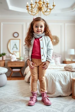 a 3 years old girl with curvy long hair in modern clothing and makeup standing pose with cute and joy with pertty shoes in a very large luxury baby bedroom