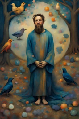 Otherworldly, Peter McKinnon full body view of a beardy Shia LaBeouf-John Krasinsky, beautiful body hues Paul Gauguin Medieval organza Klimt glitter robe sits on the ground holding a bramches nest with two colored birds.by meticulous Hieronymus Bosch oils, in fantasy hues by Paul Gauguin heightened palette., detail faces and body parts, total body-paint Iris Van Harpen curvilinear art Nouveau tattoos, Mario bava movie still, Masterpiece, sharp focus, raw photo environment