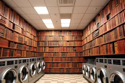 elaborate library on a wall full of leather-bound books stretching to ceiling occupying the entire wall in a laundromat, striking, juxtapositional, fantastical