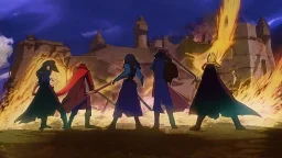 Adventurer party of four people, standing before a castle