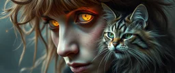 high class realism, dented skin, victorian era, cyber punk, A really close up portrait of one person individually mutated with hairy wigs glowing, and a long haired cat that just came out of a violent twister