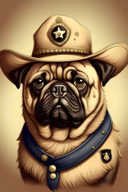 a high-quality digital illustration of a pug sheriff wearing a cowboy hat and a sheriff badge, vintage style, western theme, brown fur, expressive eyes, 32k resolution