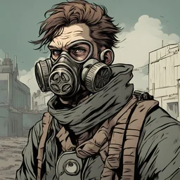 Portrait, man character with hair, gas mask, comic book illustration looking straight ahead, post apocalypse