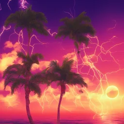 1980's vaporwave aesthetic palm trees with lightning with solar eclipse in the ocean waves sunset