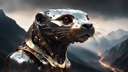 dark portrait of a detailed chrome & gold cyborg otter on a smokey mountains peak. alien mega structures everywhere. futuristic. photoreal