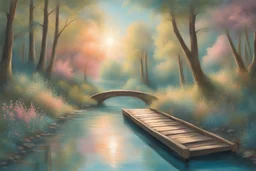 Un chemin dans une foret bordé de fleurs, un petit pont en bois clair, une rivière turquoise avec le reflet des arbres et du soleil dans l'eau , une barque sur la rivière, une ambiance douce, des couleurs pastels orangées, bleu doux et vert clair, un ciel bleu intense avec des petits nuages roses, des rayons de soleil. Beaucoup de détail très précis et raffinés.Au premier plan on peut voir la délicatesse des pétales des fleurs. Fleurs et feuilles très détaillés très précises.Ambiance magique