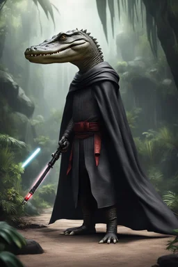 [photo realistic] a crocodile standing with a Sith cape and a Lightsaber, using the force, jungle in the background