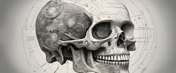 An Andy Warhol style illustration of a set of schematics for a cyborg skull, digital illustration, extreme detail, digital art, 4k, ultra hd, graphite pencil drawing, realistic, fine art, vray, 3d mandelbulber, octane 3d, digital painting, realistic and natural, cosmic sky, detailed full-color, hd photography, realistic surrealism, elements by dr. frankenstein detailed, gloss, hyperrealism, random neon wiring dayglo effects,and background color, industrial background, as a poster with more neon