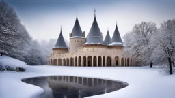 2055, rule of thirds, delightful, sensitive, confident, undulating sinusoidal castle with pointed hyperbolic roofs, delicate, thick snow, symmetrical, exquisite architecture, innovative design, perfect symmetry, award-winning photograph, beautiful composition, filled with beautiful detail, delicate colour, chiaroscuro