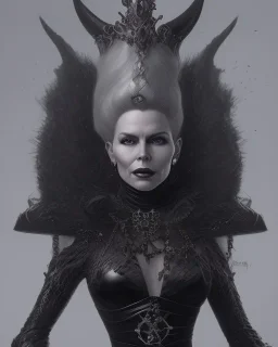 old evil queen in black leather gown, femme fatale, volouptous, busty, cleavage, angry, emperious, 8k resolution concept art portrait by Greg Rutkowski,