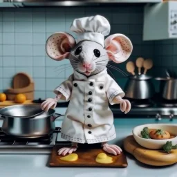 mouse Funny and cute in the shape of a sheep, wearing a cooking outfit that looks the same color as its skin, in the kitchen, cooking