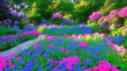 verybeautiful-magical-garden-of-the-angelic-kingdom-blue-and-pink-plants-and-trees-small-river-sunshine-flowers-haze-thumb-rainbow-ufo-bright-colors-light flowers