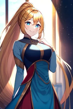 girl, masterpiece, best quality, cinematic lighting, detailed outfit, vibrant colors, perfect eyes, golden hair, absurdly long hair, blue eyes, ponytail, indoors, light rays, god rays, smile, hairclip,