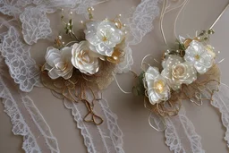 double exposure, garter flowers strung on wire with pearls and gems, heart and love, double exposure, merged layers, silver and gold tin foil, waterfall, in sunshine on a lace blanket