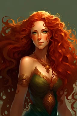 portrait of a goddess with long reddish curly hair, curvy body, earthbound, warm-hearted