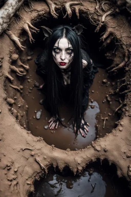 Closeup tall Girl goth with big eyes, fullbody, ragged clothes, behind her mud and rats, extended like roots, the perspective looking up from the bottom of an empty well , 8k,macro photography,