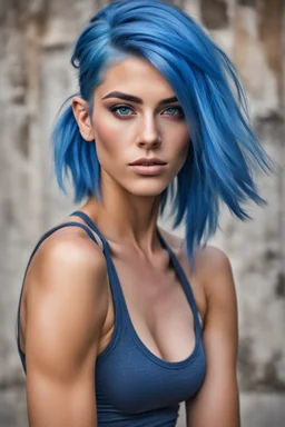Blue hair, brown eye, woman, attractive, athletic build