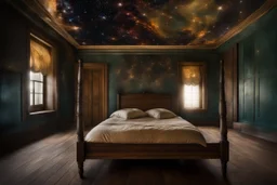 strange evening in vintage bedroom, deep dark colors, old wood floor, old antique bed, translucent walls, ceiling the galaxy with stars, etheral, mystic, stunning, cinematic