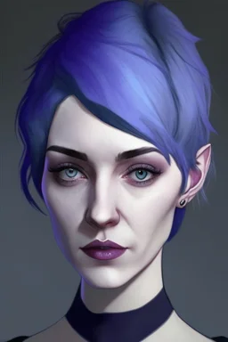 Realistic woman with pale skin, big grey eyes, blue and purple short hair, angular facial features, prominent collarbones, black clothing