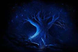 A hughe hollow tree with stairs, dark blue glowing light, fantasy, magic, dark, stars, sparkle