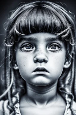 "(high resolution) (dramatic portrait), (little girl), (harsh light), ((up the nose:1.25)), (intense shadows), (contrasting tones), (close-up), (edgy expression), ((emphasized features)), striking eyes, (unique angle), (bold composition), (intense mood), ((contoured features)), (strong personality), (realistic skin texture), (professional photography), (edgy fashion), (creative makeup), ((intense gaze)), (fierce beauty), (sharp details), ((fashion model)), ((high cheekbones)), (intense highlight