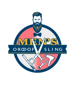 A round logo for a men's grooming salon with a groom vector at the top of the logo and a scissors vector, razor vector, and hair dryer vector at the bottom in a blue, red, white, and gold color theme.