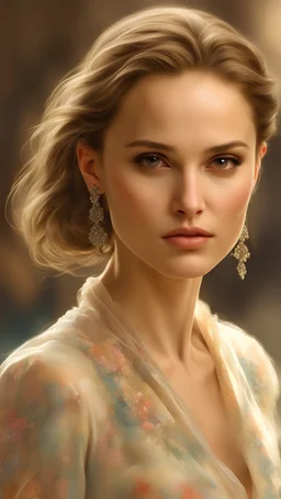 Natalie Portman style, a perfectly beautiful figure, a light lipstick, a round big chest, stand upright and look straight ahead, a semi-realistic image, beautifull face, beautifull look, impressionist style Razumov Style, detailed clothing, beautiful face, intricate artwork masterpiece, high quality model