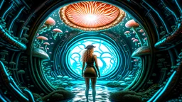 woman standing inside the interior of a ruined alien spaceship, with a circular window, overrun with mushrooms with jellyfish tentacles