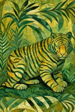 An olive green nature elemental tiger designed in Navajo woven art painted by Paul Cezanne