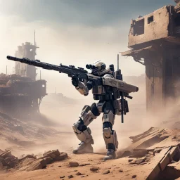 Scifi robotic sniper with a long rifle, kneeing on the top of a ruined building, in the dust