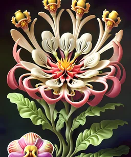 fantasy flowers, still life, multicolor, style by Catherine Abel, by Stephen Gibb, by Earnst Haeckel, by Naoto Hattori, highly detailed, sharp focus, elegant, ultra reallistic, intricate, oil on canvas, beautiful, high detail, crisp quality, colorful